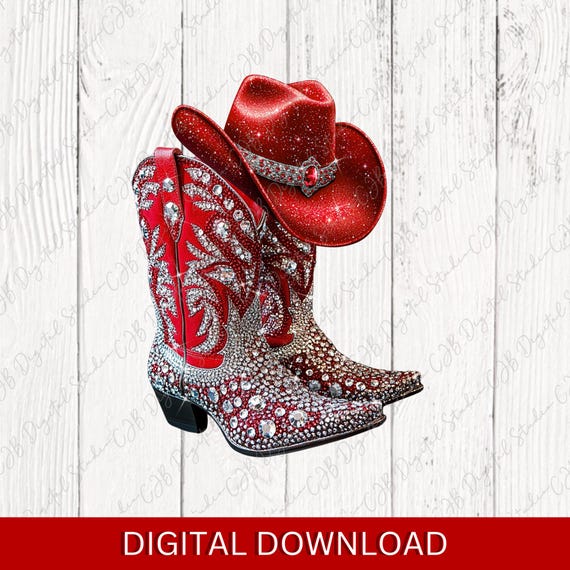 Red Bling Cowgirl Boots and Hat PNG, Western Sublimation  display picture 1
