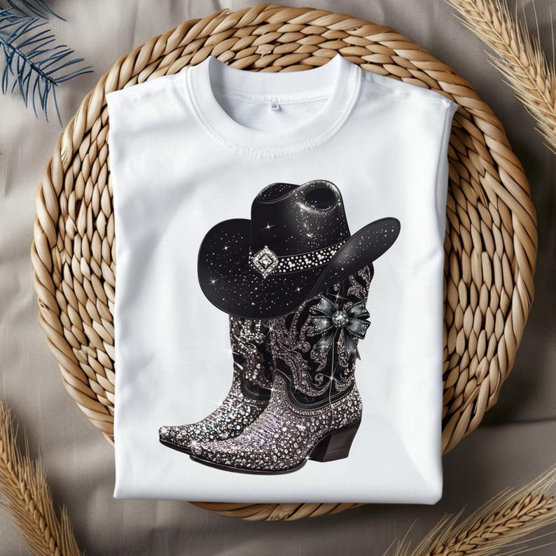 May include: White t-shirt with a black cowboy hat and boots covered in rhinestones.