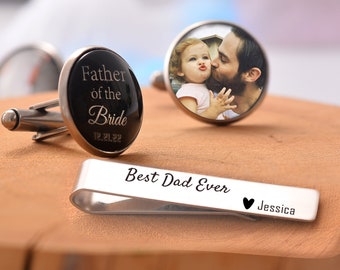 Custom Photo Cuff Links Personalized Wedding Cufflinks,Memorial Cuff Links, Picture Cufflinks with Engraved Custom Text Tie Clip