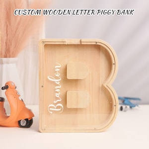 Alcancía de madera personalizada, alcancía con letras para niños, caja de dinero personalizada con su texto, alcancía con nombre inicial, regalo hecho a mano para niños