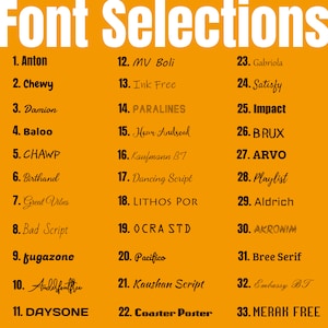 May include: A yellow background with a list of 33 different fonts, numbered 1 through 33. Each font is displayed in a different style and is labelled with its name.