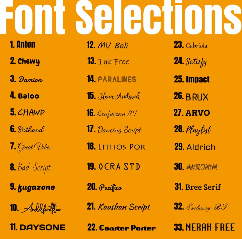 May include: A yellow background with a list of 33 different fonts, numbered 1 through 33. Each font is displayed in a different style and is labelled with its name.