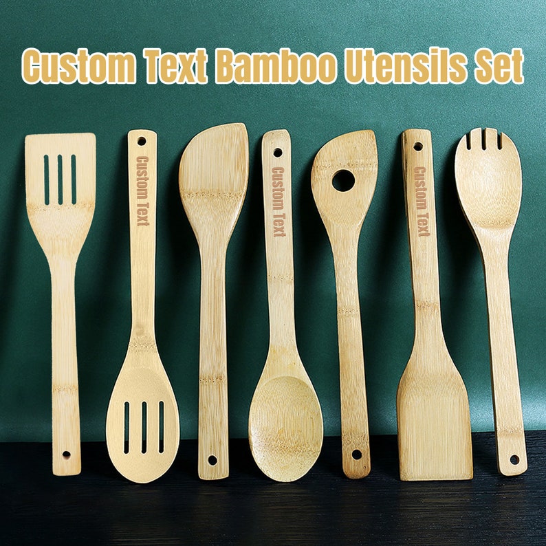 Utensils Text Custom Bamboo Kitchen Utensils Set of 7-pack, Personalized Text/ Name ...