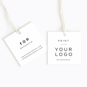 May include: Two white square hang tags with black text. The tag on the left has social media icons and website information. The tag on the right says "PRINT YOUR LOGO OR CUSTOMIZE".