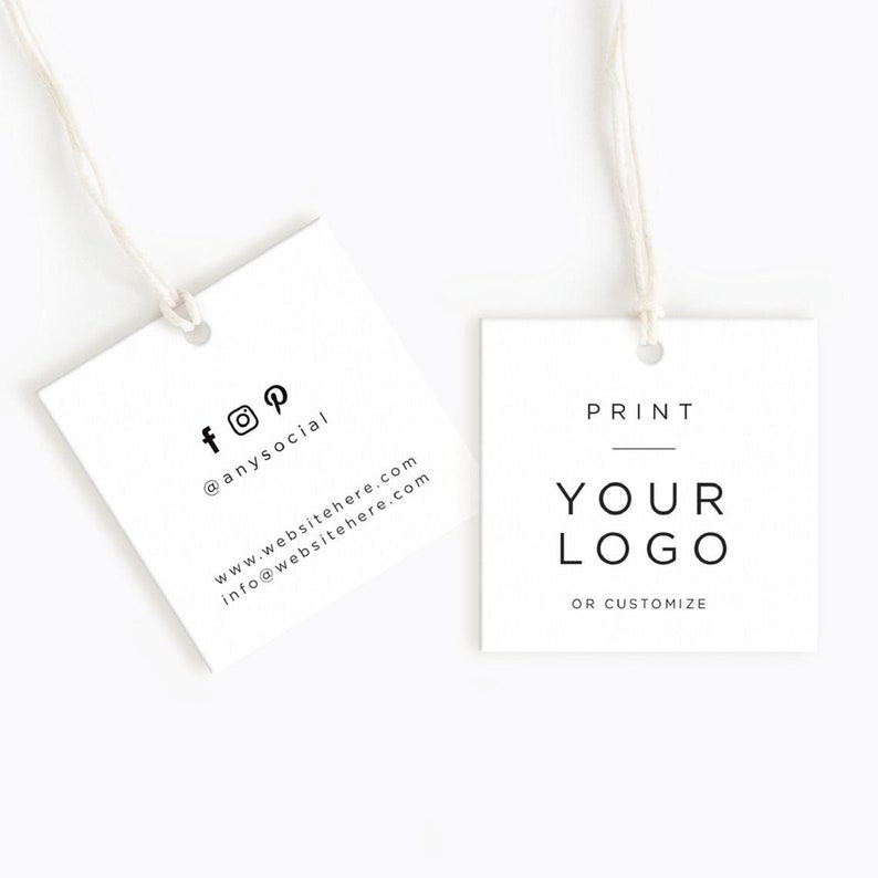 May include: Two white square hang tags with black text. The tag on the left has social media icons and website information. The tag on the right says "PRINT YOUR LOGO OR CUSTOMIZE".