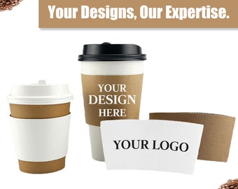 May include: Two white paper coffee cups with brown paper sleeves. The larger cup has a black lid and the text "YOUR DESIGN HERE" on the sleeve. The smaller cup has a white lid. A white paper coffee cup sleeve with the text "YOUR LOGO" is also shown.