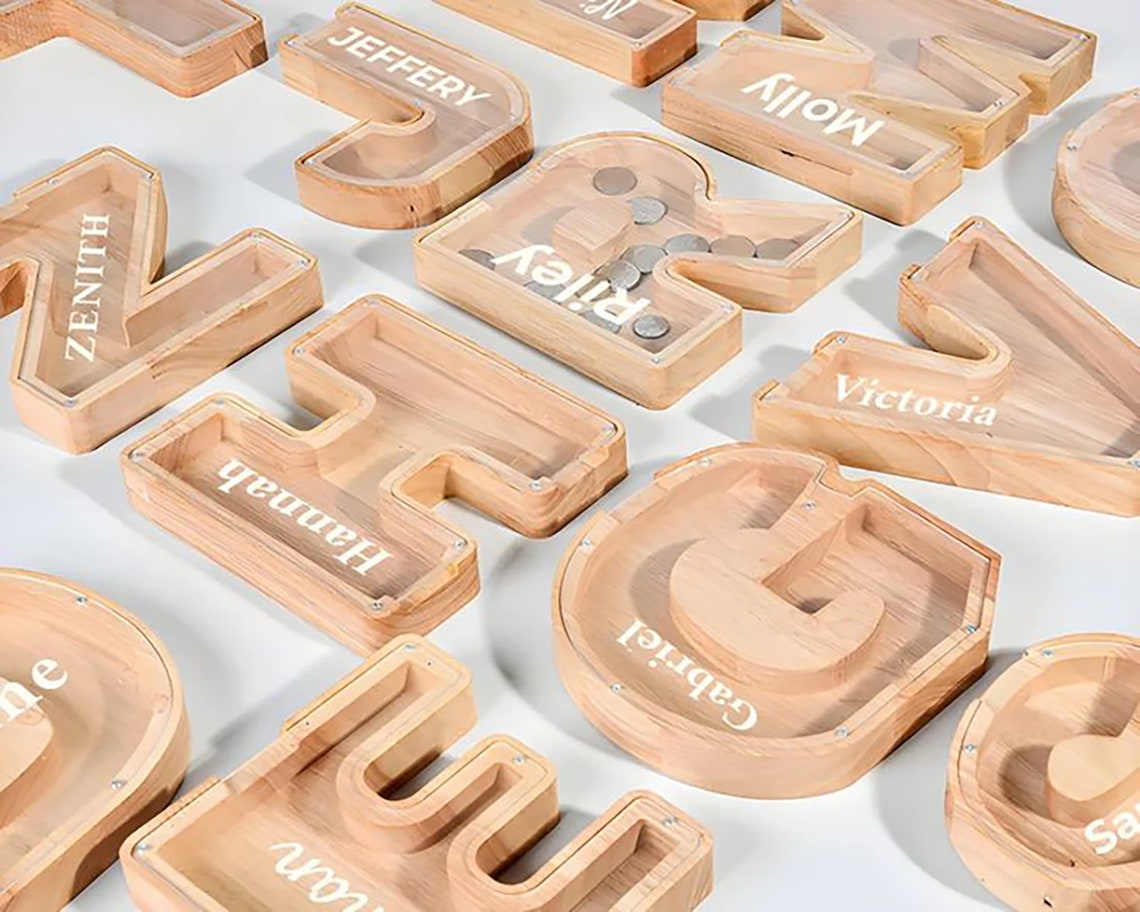 Coin Bank Lettering Personalized Wood Piggy Bank, Letter Coin Bank for Kids, Custom Money ...