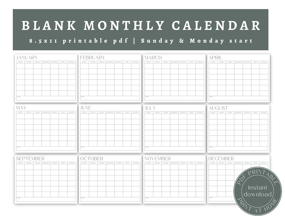 Blank Monthly Calendar Landscape Template Printable Calendar - Etsy