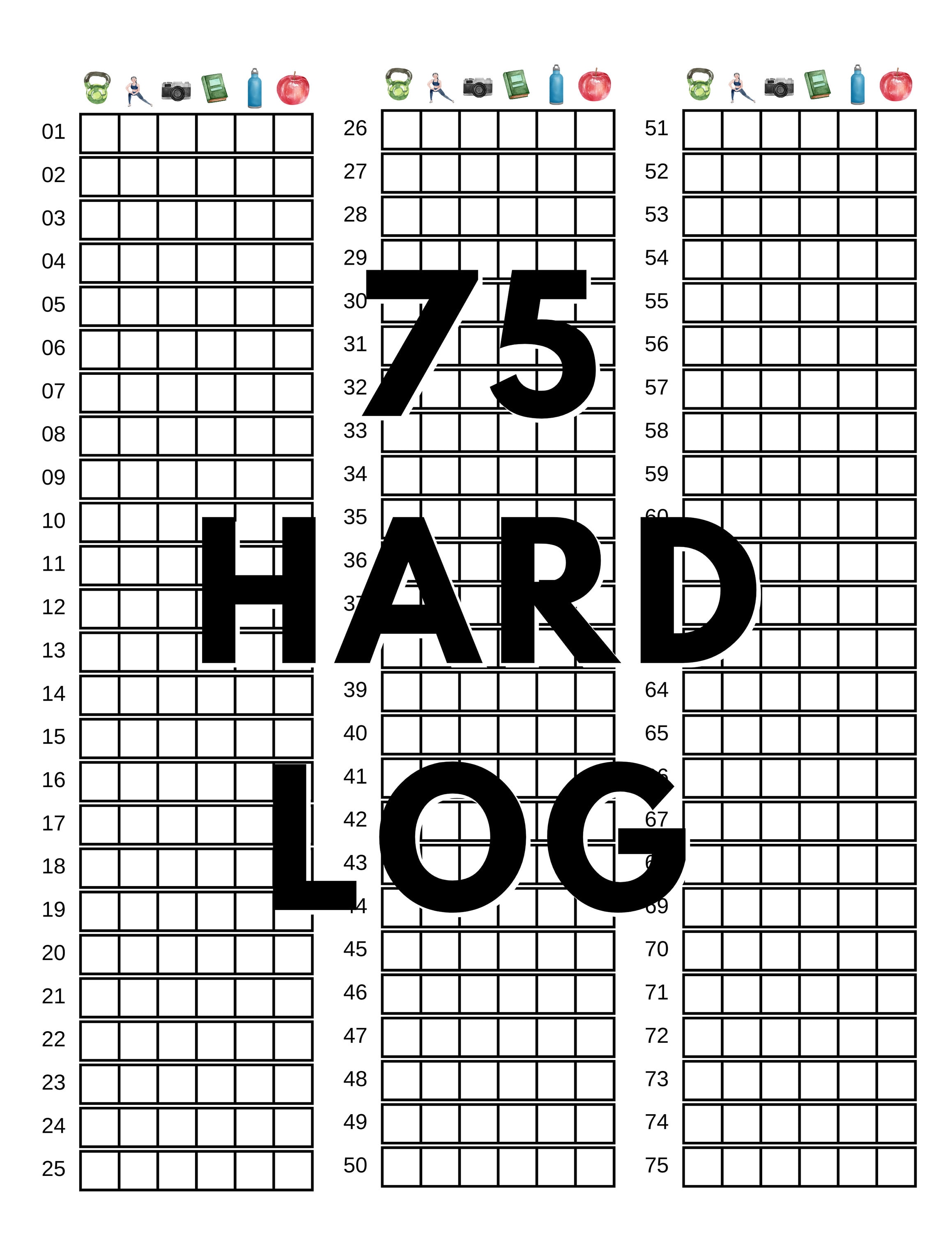 75 Hard Challenge Tracker Printable Modern Watercolor Icon Design 75 ...