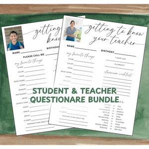 Teacher & Student Favorite Things Questionnaire Bundle | Back to School Teacher Student Survey | Meet the Teacher Student Printable