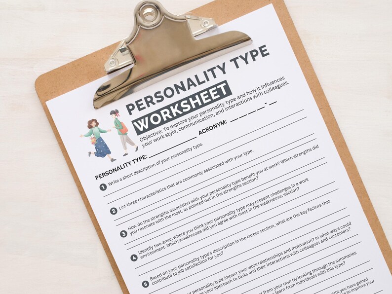 May include: A printable worksheet with the title "Personality Type Worksheet" and instructions to explore your personality type and how it influences your work style, communication, and interactions with colleagues. The worksheet includes questions about your personality type, strengths, weaknesses, and career satisfaction.