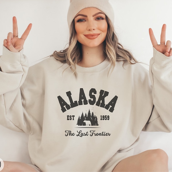 Alaska Crewneck Sweatshirt, Women’s Alaska Home State Shirt, Moving to Alaska Gift, Alaskan Cruise Travel Souvenir, AK Varsity Apparel Tee