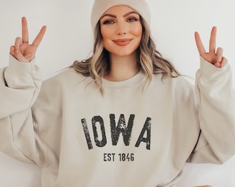 Iowa Crewneck Sweatshirt, Moving to Iowa Gift, Iowa Family Vacation Apparel, Iowa Home State Pullover Tee, Trendy Distressed Varsity Shirt