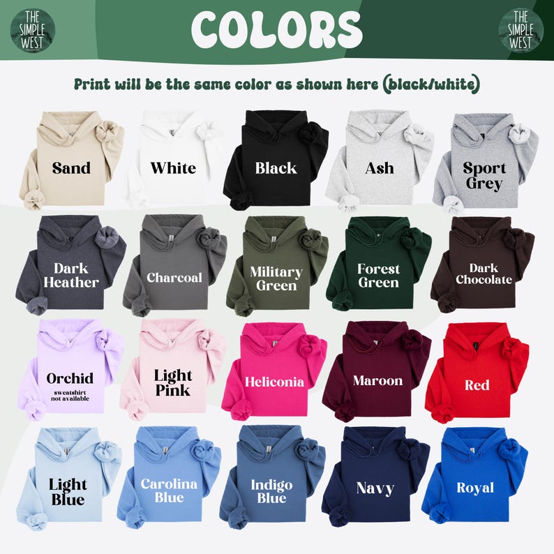 Op de afbeelding: Een kleurenkaart toont hoodies in verschillende kleuren: Zand, Wit, Zwart, As, Sportgrijs, Donkergrijs, Houtskool, Militair groen, Bosgroen, Donkere chocolade, Orchidee, Lichtroze, Heliconia, Kastanjebruin, Rood, Lichtblauw, Carolina blauw, Indigoblauw, Marine en Koningsblauw.