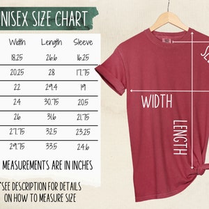 Puede incluir: Tabla de tallas unisex para una camiseta con medidas en pulgadas para el ancho, la longitud y la longitud de la manga. La tabla muestra las tallas de la S a la 4XL.