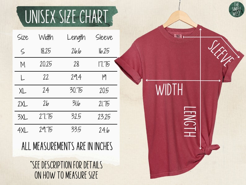 Puede incluir: Tabla de tallas unisex para una camiseta con medidas en pulgadas para el ancho, la longitud y la longitud de la manga. La tabla muestra las tallas de la S a la 4XL.