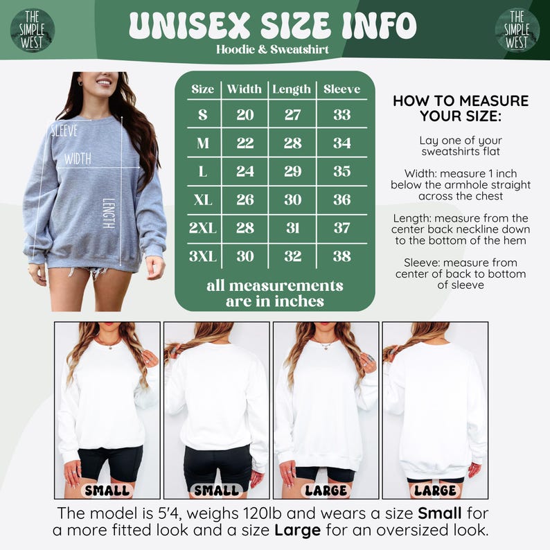 Op de afbeelding: Een maattabel voor unisex hoodies en sweatshirts van The Simple West. De tabel toont afmetingen in inches voor breedte, lengte en mouwlengte, van maat S tot 3XL. Instructies over hoe te meten zijn ook opgenomen.