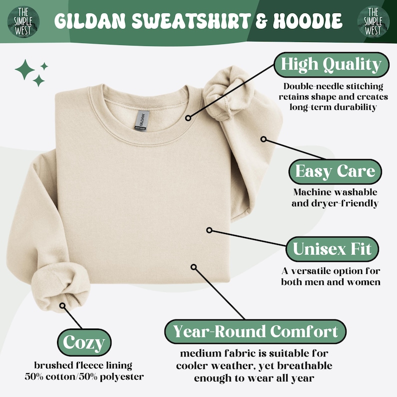 May include: Cream-colored Gildan sweatshirt with the text "Gildan Sweatshirt & Hoodie". Features include high quality, easy care, unisex fit, cozy brushed fleece lining, and year-round comfort. Made with 50% cotton and 50% polyester.