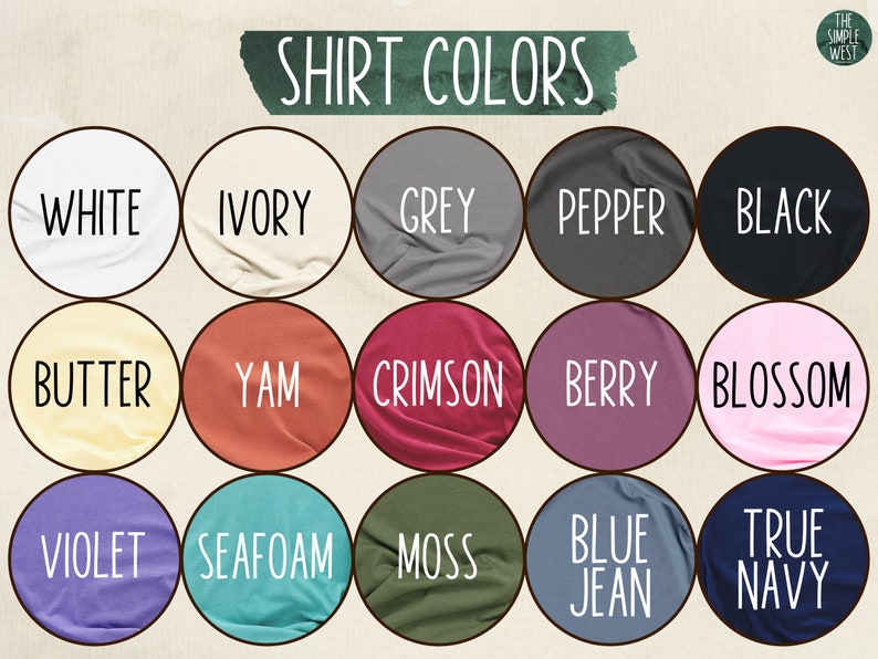 Puede incluir: Un gr&aacute;fico que muestra 15 colores de camisa diferentes con sus nombres. Los colores son: blanco, marfil, gris, pimienta, negro, mantequilla, &ntilde;ame, carmes&iacute;, baya, flor, violeta, espuma de mar, musgo, azul vaquero y azul marino.
