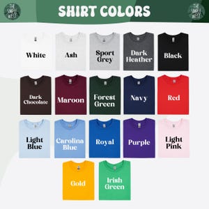 May include: A display of t-shirts in various colors, including white, black, red, and blue. The text "SHIRT COLORS" is at the top, with color names like "Ash," "Maroon," and "Gold" below each shirt. The Simple West logo is in the top corners.
