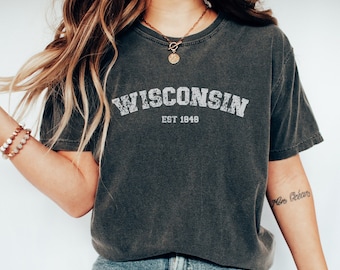 Wisconsin Comfort Colors Shirt, Womens Wisconsin Crewneck Tee, Home State Shirt, Moving to Wisconsin Gift, Wisconsin Travel Souvenir Apparel