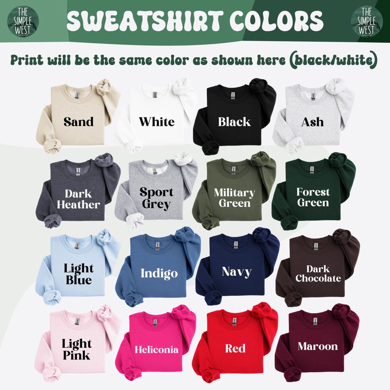 K&ouml;nnte beinhalten: Eine Tabelle mit 16 verschiedenen Sweatshirt-Farben. Die Farben sind: Sand, Wei&szlig;, Schwarz, Asche, Dunkelgrau, Sportgrau, Milit&auml;rgr&uuml;n, Waldgr&uuml;n, Hellblau, Indigo, Marineblau, Dunkelbraun, Hellrosa, Heliconia, Rot und Weinrot.