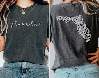 Camiseta Florida Comfort Colors, camiseta de cuello redondo floral para mujer con estampado de Florida, regalo para quienes se mudan a Florida, recuerdo de Florida, ropa para despedidas de soltera en Florida.
