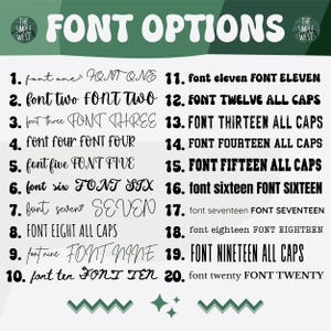 May include: A graphic showcasing 20 different font options. The text "FONT OPTIONS" is at the top. Each font is numbered and displayed with its name in two styles. The Simple West logo is in the top corners. The background is white and green.