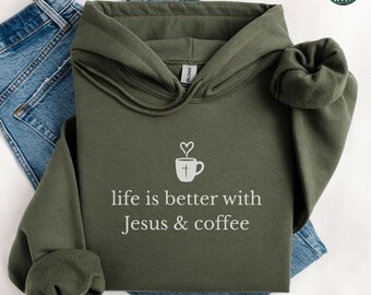 Christian Hoodie, Jesus and Coffee Sweatshirt, Minimalist Jesus Apparel, Coffee Lover Crewneck Tshirt, Funny Coffee Trendy Christian Gift