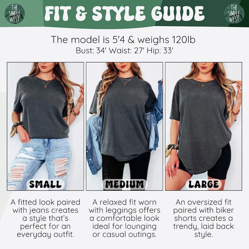 Puede incluir: Una gu&iacute;a de tallas y estilo con una modelo que lleva una camiseta gris en tallas S, M y L. La gu&iacute;a incluye las medidas de la modelo y sugiere combinaciones de ropa, como vaqueros, leggings y shorts de ciclista para diferentes estilos.