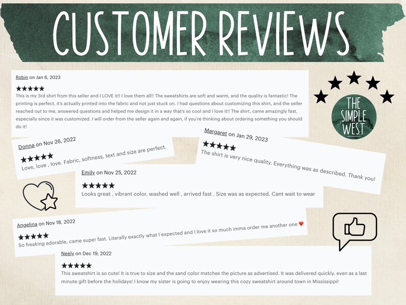 Puede incluir: Comentarios de clientes para una tienda de ropa llamada The Simple West. Las rese&ntilde;as son positivas e incluyen comentarios sobre la calidad, el ajuste y la velocidad de entrega. Las rese&ntilde;as van acompa&ntilde;adas de calificaciones de cinco estrellas y un icono de pulgar hacia arriba.