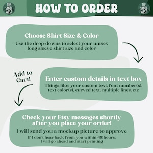 May include: An instructional graphic with the text "HOW TO ORDER" at the top. It details the steps: choose shirt size and color, enter custom details, and check Etsy messages. The Simple West logo is in the corners.