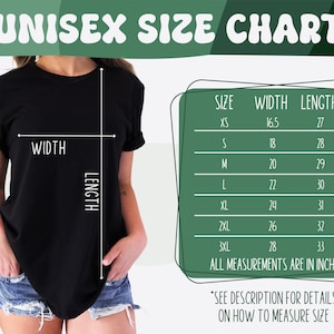以下が含まれることがあります： 「UNISEX SIZE CHART」と書かれたサイズ表が付いた黒いTシャツ。XSから3XLまでのサイズが記載されており、幅と長さの測定値はインチで表示されています。「SEE DESCRIPTION FOR DETAILS ON HOW TO MEASURE SIZE」というテキストも含まれています。