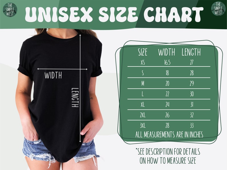以下が含まれることがあります： 「UNISEX SIZE CHART」と書かれたサイズ表が付いた黒いTシャツ。XSから3XLまでのサイズが記載されており、幅と長さの測定値はインチで表示されています。「SEE DESCRIPTION FOR DETAILS ON HOW TO MEASURE SIZE」というテキストも含まれています。