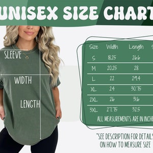 May include: Unisex size chart for a t-shirt with measurements in inches for width, length, and sleeve length. The chart shows sizes S, M, L, XL, 2XL, and 3XL.