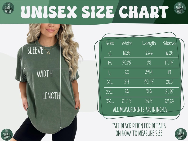 May include: Unisex size chart for a t-shirt with measurements in inches for width, length, and sleeve length. The chart shows sizes S, M, L, XL, 2XL, and 3XL.