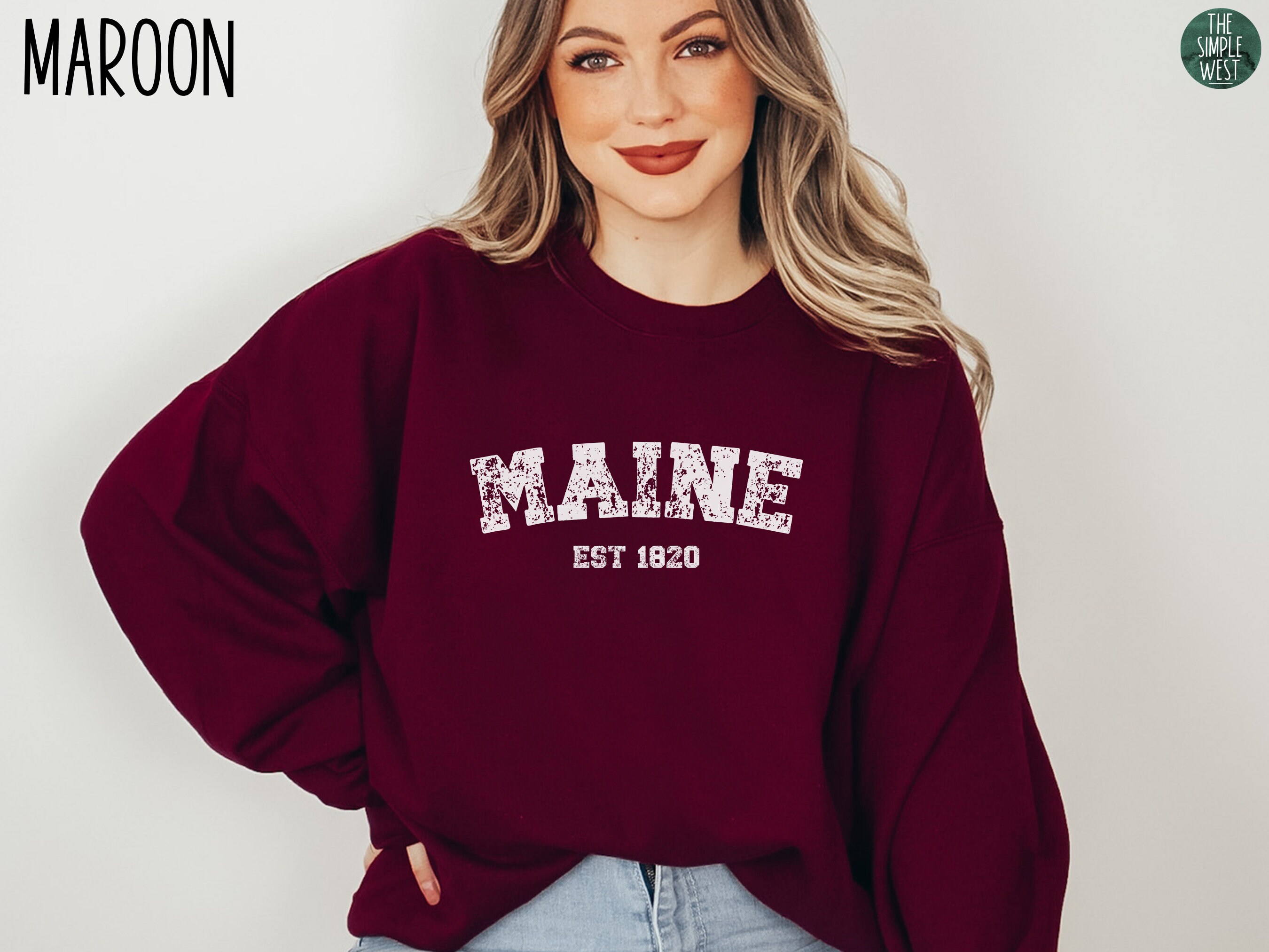 Discover Maine Sweatshirt | Women's Maine Crewneck Pullover | Maine Home State Long Sleeve | Trip to Maine Shirt | Maine Gift | College Block Tees