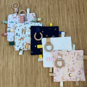 Montessori Crinkle Tag Lovey: Sensory Ribbon Toy with Wooden Ring
