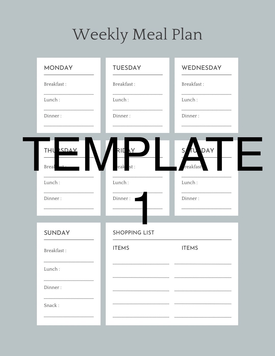 Simple Weekly Meal Planner Templates (5 Colors) - Etsy