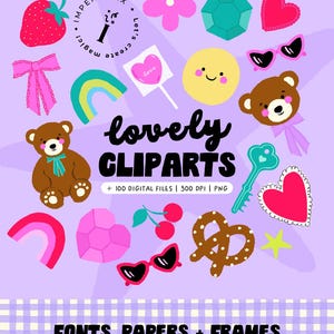 Puede incluir: Gráfico de arte digital con varias ilustraciones sobre un fondo morado. La imagen incluye una fresa, un lazo, un arcoíris, osos de peluche, corazones, gafas de sol y el texto "lovely CLIPARTS". La parte inferior de la imagen dice "FONTS, PAPERS + FRAMES".