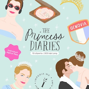Puede incluir: Conjunto de imágenes prediseñadas digitales inspiradas en "El Diario de la Princesa". Incluye ilustraciones de personajes, pizza con texto "Sorry", tiaras y una insignia de "Genovia". También está presente el texto "The Princess Diaries".