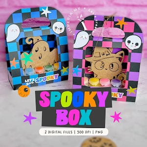 Puede incluir: Dos kits de Spooky Box con temática de Halloween. Cada caja tiene un patrón de cuadros en negro, azul, morado y rosa. Las cajas presentan recortes de un fantasma y un gato, con botes de pintura. El texto "LET'S GET SPOOKY" y "SPOOKY BOX" son visibles.