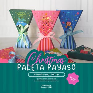 Puede incluir: Un conjunto de ocho cajas de regalo para fiestas de Navidad imprimibles con forma de sombrero de payaso. Las cajas están decoradas con diseños festivos, que incluyen un árbol de Navidad, un cascanueces y un muñeco de nieve. El texto "Christmas Paleta Payaso" está escrito en letras rosas y verdes sobre un fondo verde. El texto "8 Diseños png | 300 dpi" está escrito en letras blancas sobre un fondo verde. El texto "Versión Mini" está escrito en letras blancas sobre un círculo rojo.