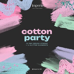 Puede incluir: Una descarga digital de 12 gráficos de trazos de pincel en rosa, azul y verde, y 4 elementos de purpurina. Los gráficos tienen un tema de algodón de azúcar y el texto "cotton party" está en el centro de la imagen.