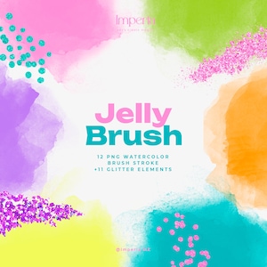 Puede incluir: Una ilustración digital de pinceladas de acuarela en varios colores, incluyendo rosa, verde, amarillo, azul y morado. La ilustración incluye elementos de purpurina en rosa y azul. El texto "Jelly Brush" está escrito en letras rosa y azul. El texto "12 PNG Watercolor Brush Stroke + 11 Glitter Elements" está escrito en letras negras. El texto "@ImperiаMX" está escrito en letras negras.