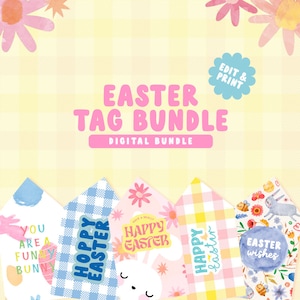 Puede incluir: Un paquete de etiquetas de Pascua con una variedad de diseños. Las etiquetas presentan colores pastel, ilustraciones florales y de conejitos, y frases como "Felices Pascuas" y "Deseos de Pascua". También se ven las palabras "Easter Tag Bundle" y "Digital Bundle".