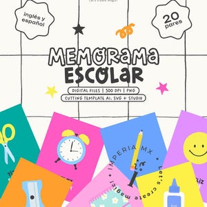 Puede incluir: Un diseño digital colorido para un juego de memoria con temática escolar. El diseño incluye el texto "MEMORAMA ESCOLAR" e ilustraciones de útiles escolares. El diseño también incluye el texto "20 pares".