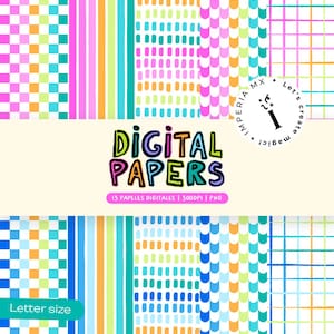May include: A collection of digital papers featuring vibrant patterns including checkers, vertical stripes, dashed lines, scalloped waves, and grids in bright pink, orange, lime green, and teal, with text reading DIGITAL PAPERS and IMPERIA MX Let's create magic.