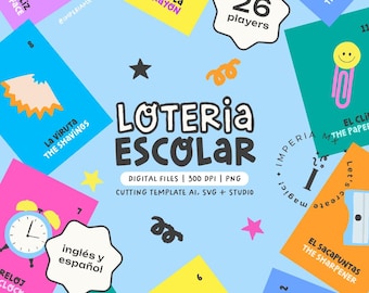 DIGITAL - 26 players - School Supplies Lottery Game, Bingo, Back to School, English-Spanish Vocabulary Board Game