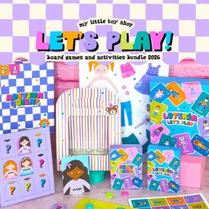May include: A colorful bundle of board games and activities, featuring the text "LET'S PLAY!" and "board games and activities bundle 2026." The set includes games like "ADIVINA QUIEN?" and "LOTERIA," with various game cards and a game board.